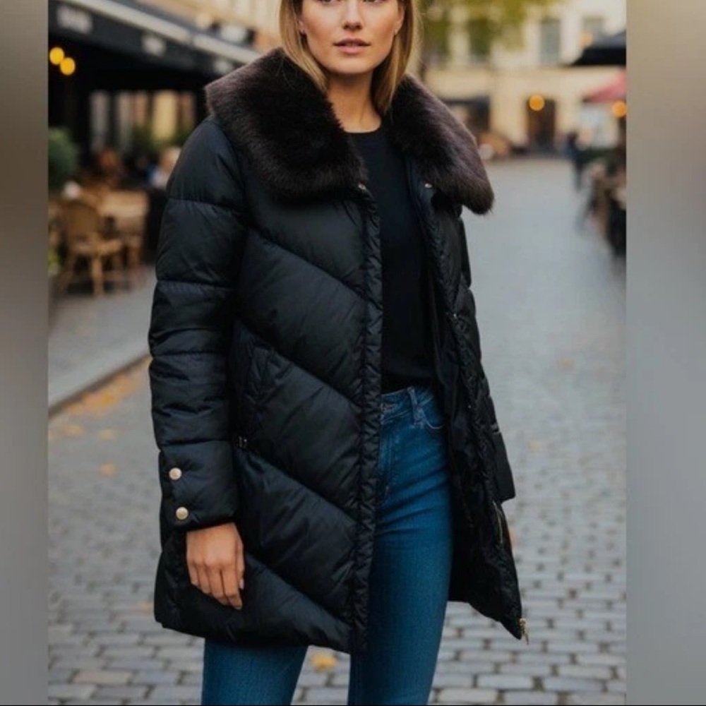 Halston Quilted Faux Fur Collar Puffer Jacket